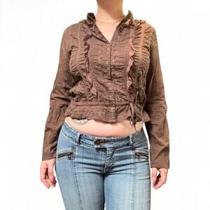 Boho fairycore embellished beaded and laced brown button up womens sz Med